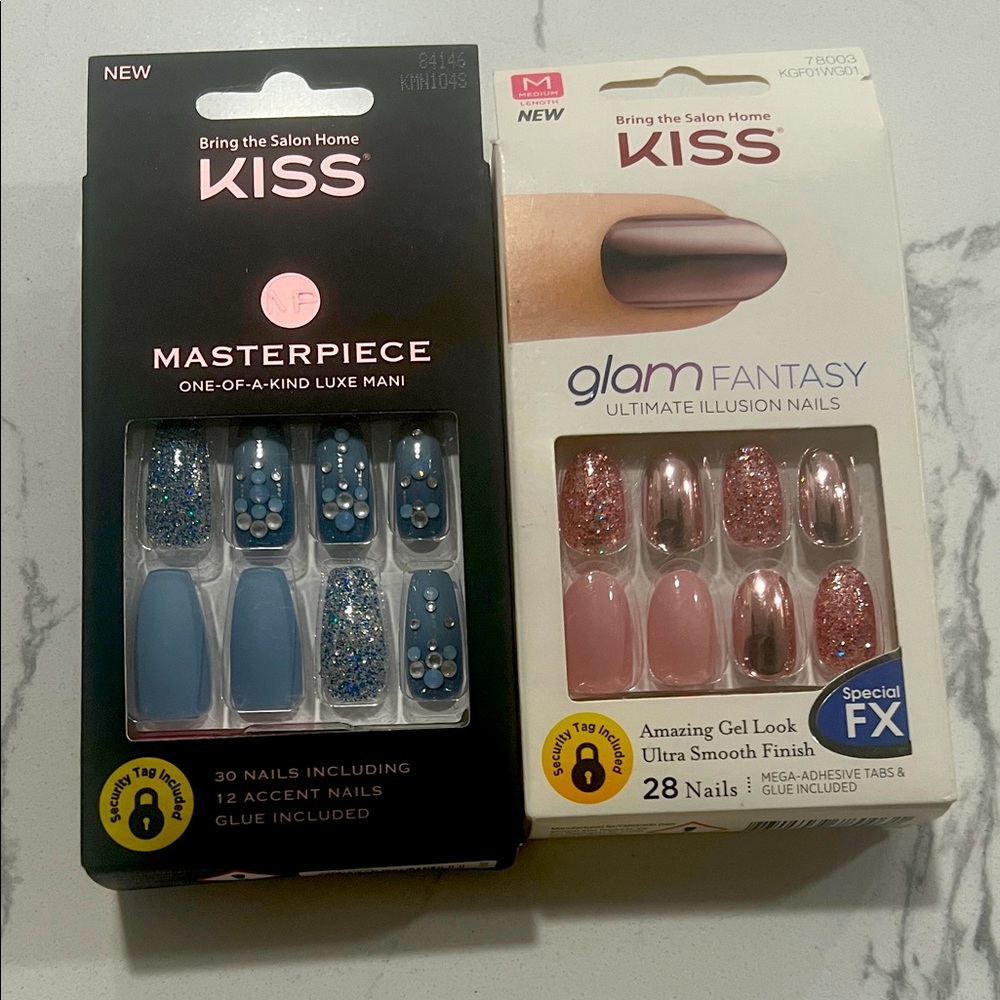 KISS Masterpiece and Glam Fantasy Nail Sets - Blue and Pink with Glitter